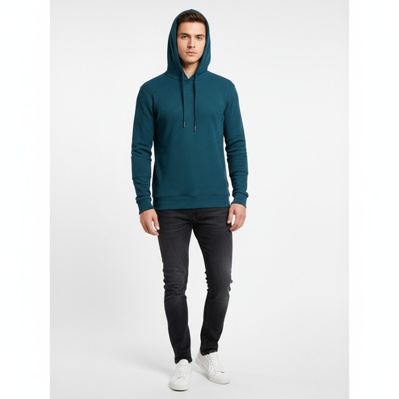 Amongst Others Hoodie Mens Size M Dark Teal Waffle Knit Drawstring Hood Cozy - Picture 1 of 6
